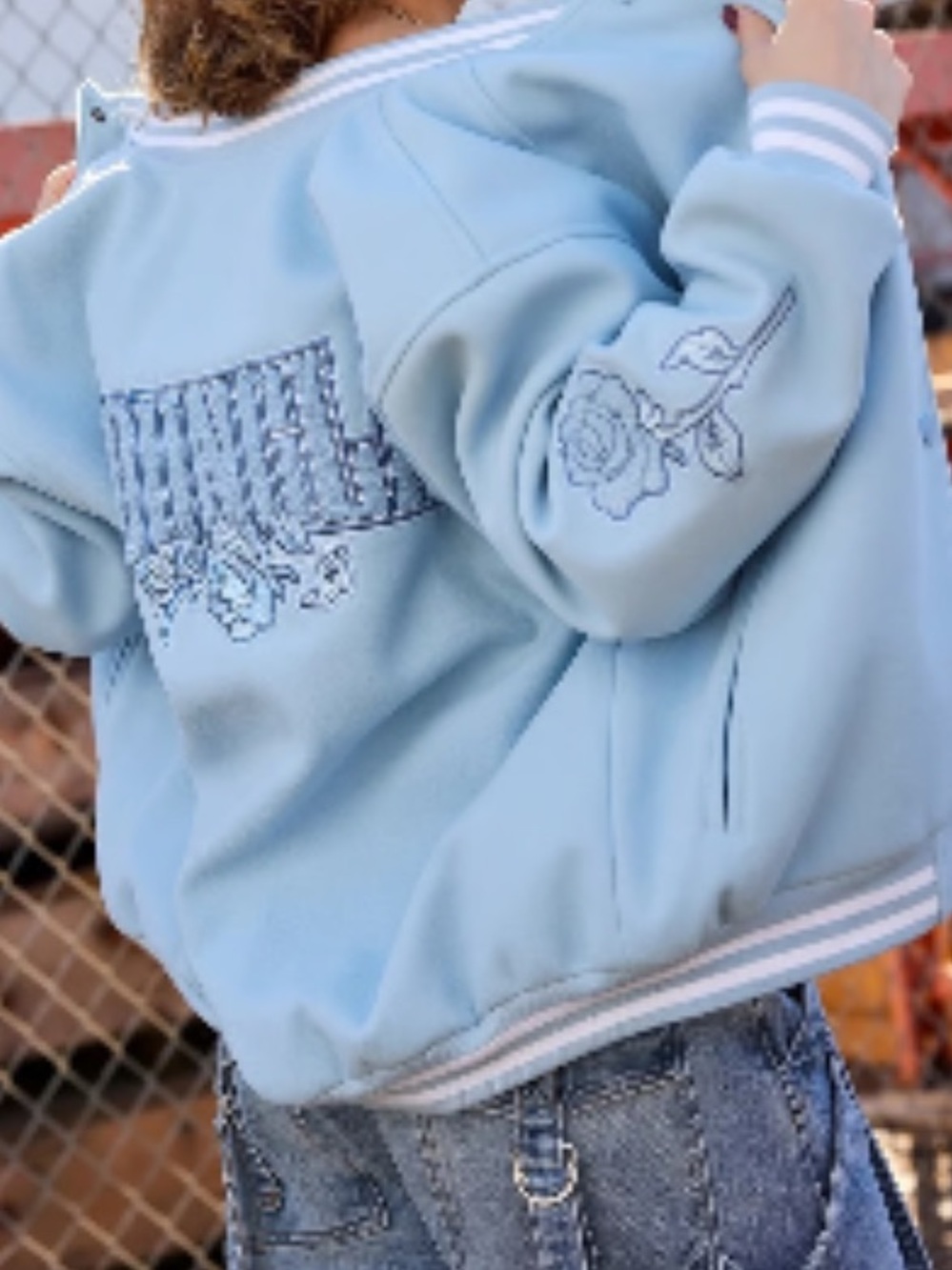 YoungLA Light Blue Floral Embroidered Varsity Jacket